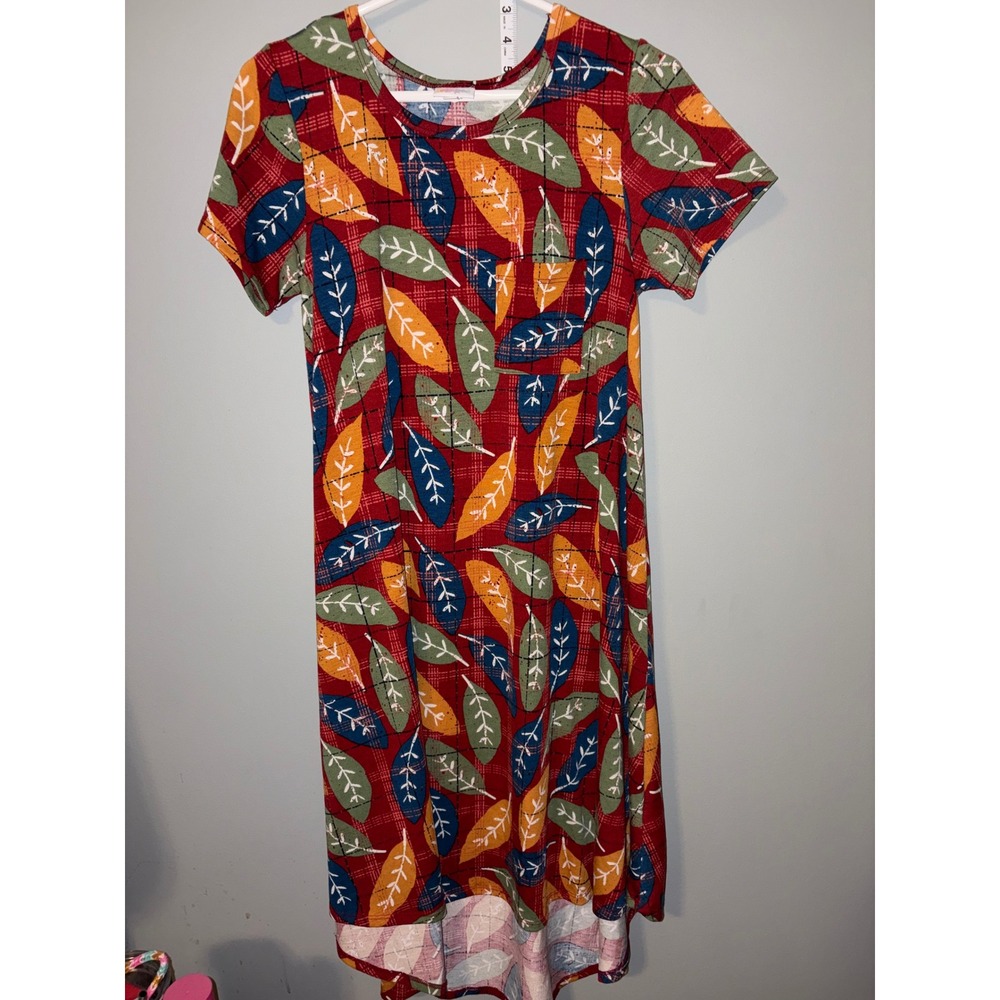 LuLaRoe Carly Dress Womens XS Red Leaf Plaid Short Sleeve High Low Pocket T05-14